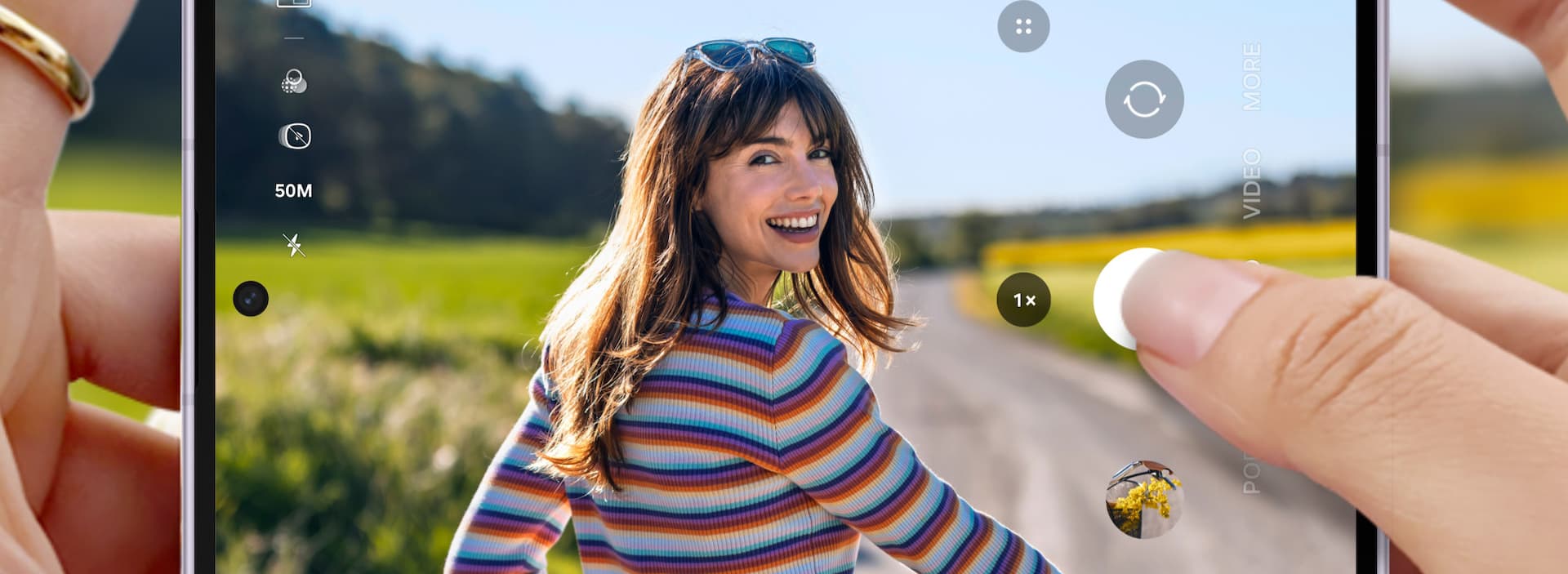 Galaxy Z Fold8 camera interface capturing a portrait outdoors
