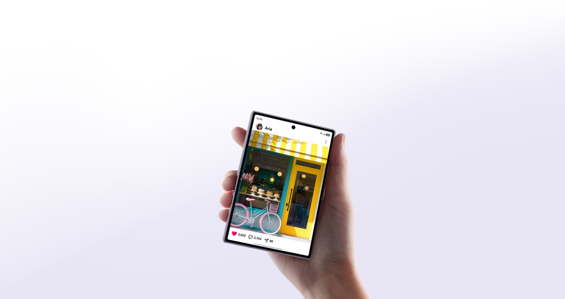 Galaxy Z Fold8 unfolded showing a social feed on the cover screen