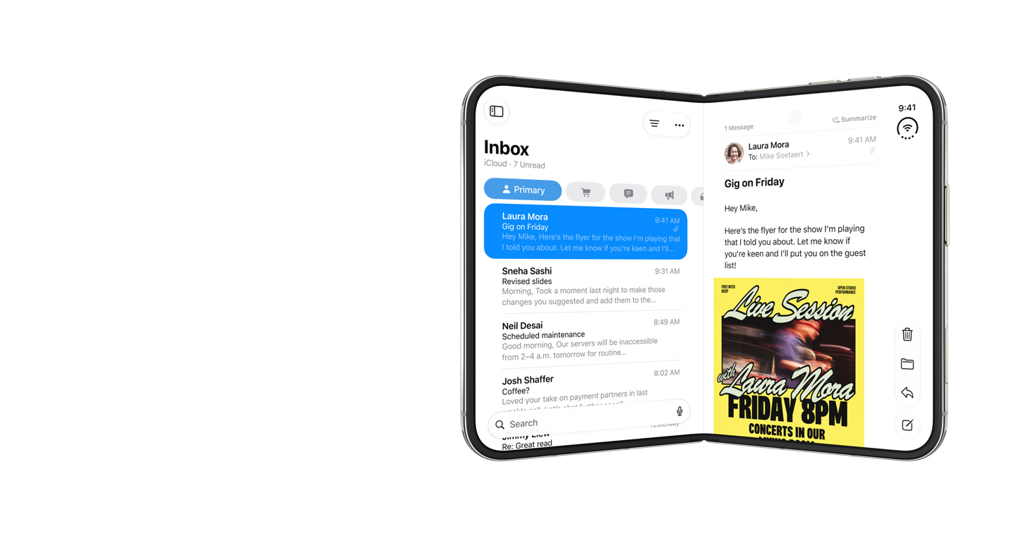 Apple iPhone Duo dobrado e parcialmente aberto, dobradiça de titânio